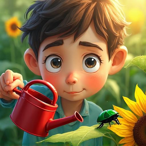 Léo surmonte une petite peur pour aider le tournesol.