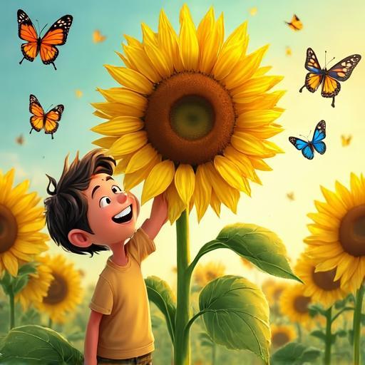 Le tournesol se rétablit, et Léo est fier et heureux.