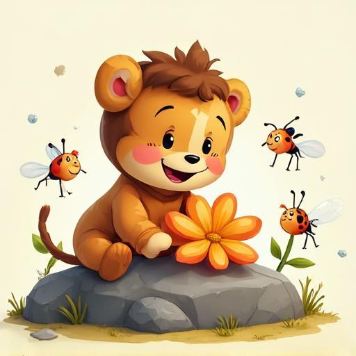 Лео и крошечные насекомые счастливо и нежно играют вместе.