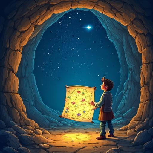 Dans la grotte, Sir Reginald utilise une carte stellaire pour trouver son chemin, achevant sa quête.