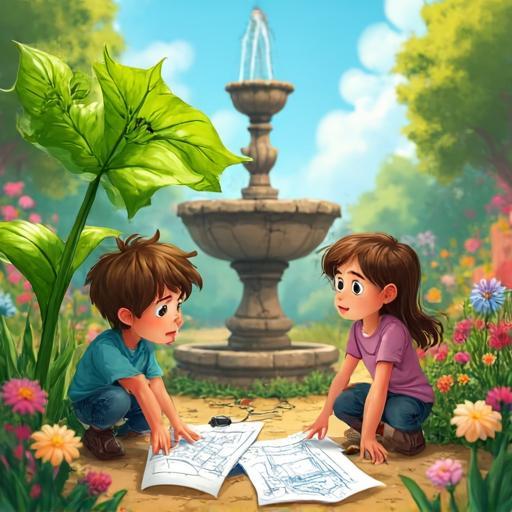 الأطفال يكافحون لإصلاح نافورة مكسورة.