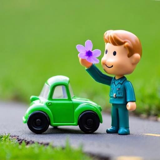 玩具兵向汽車打招呼並聞花香。
