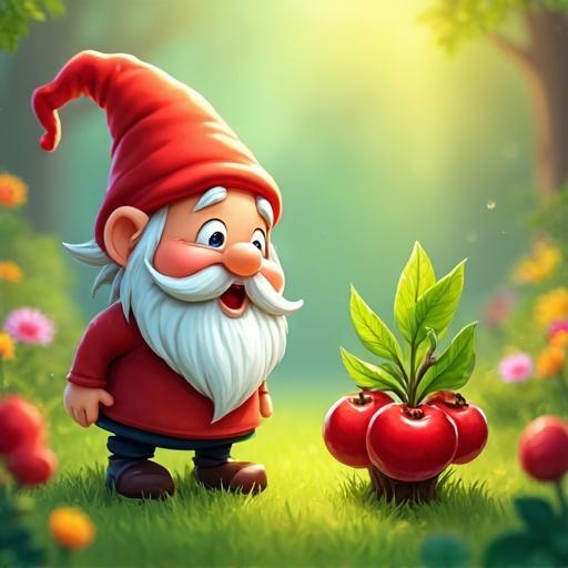يجد القزم غنورمان شجيرة بأربع حبات توت حمراء لذيذة ويشعر بسعادة غامرة.
