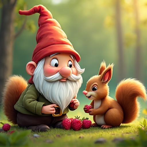 L'ami de Gnorman, Squeaky l'écureuil, arrive, et Gnorman ne sait pas comment partager les quatre baies.