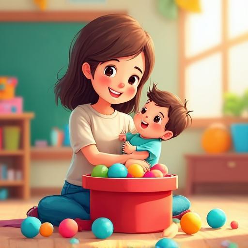 تفتح المعلمة صندوقاً أحمر كبيراً. بوم! تخرج منه كرات ناعمة ومنفوشة.