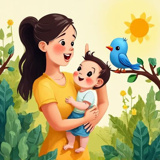 Dehors, un petit oiseau chante « cui-cui ! ». Ils touchent une feuille verte et lisse. Une journée chaude et heureuse.