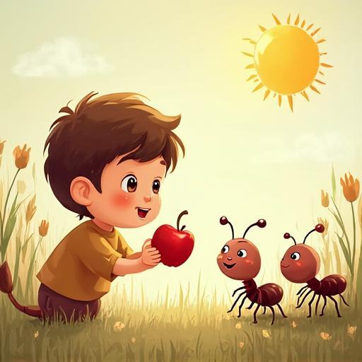 Лео решает поделиться своим большим яблоком с уставшим муравьишкой.