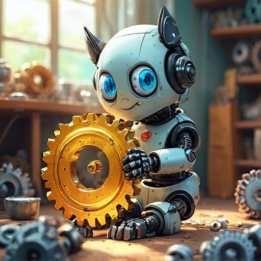 الروبوت بولت يلمّع كنزه المفضل بحب، وهو ترس كبير ولامع يحتفظ به لنفسه.